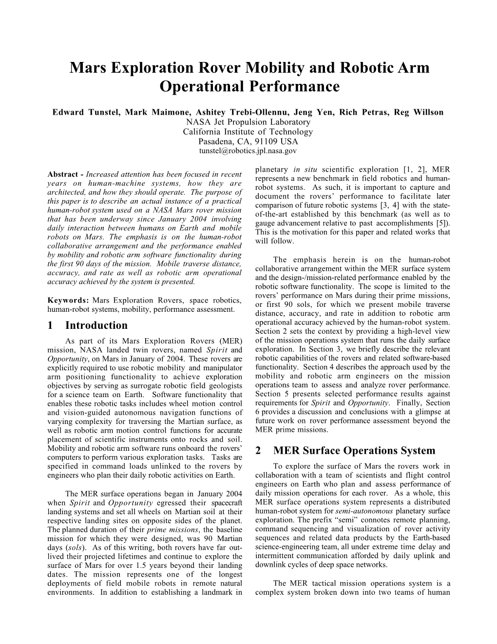 Mars Exploration Rover Mobility and Robotic Arm Operational Performance