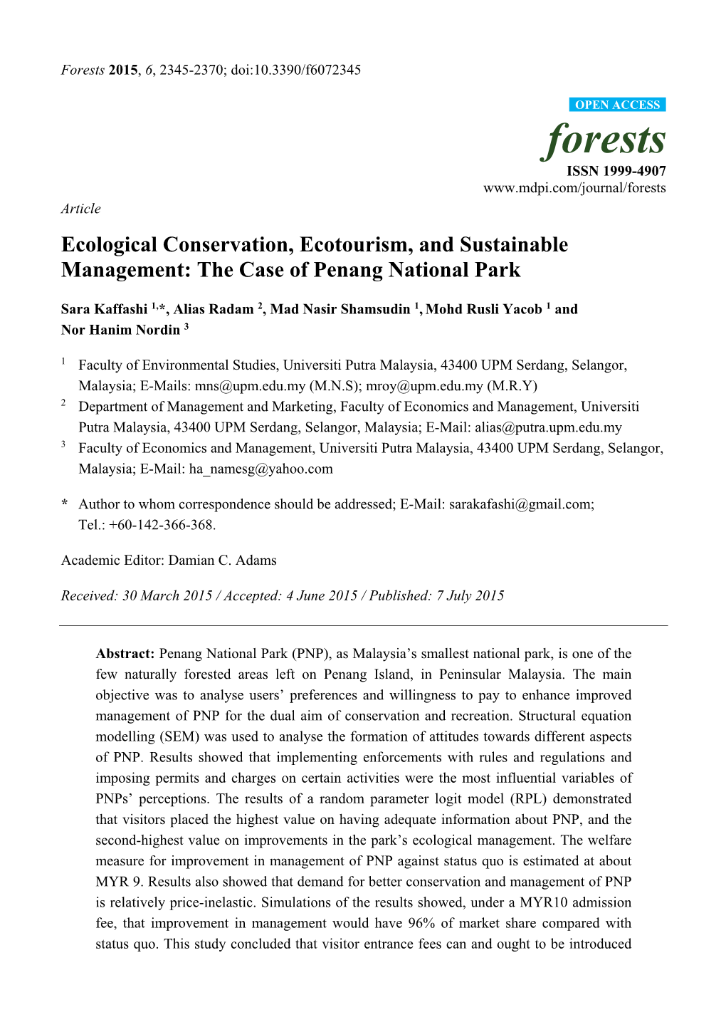 Ecological Conservation, Ecotourism, and Sustainable Management: the Case of Penang National Park