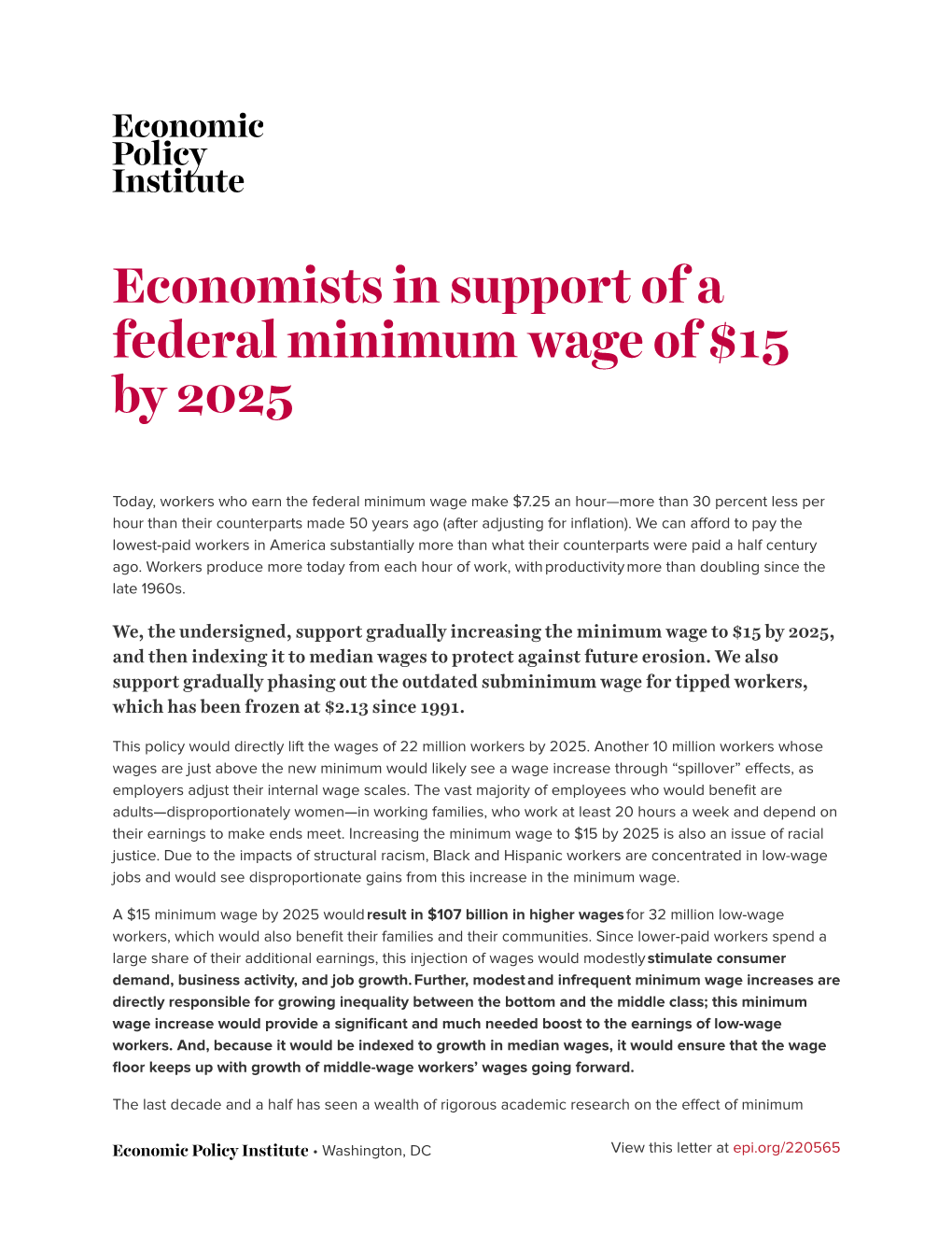 Economists in Support of a Federal Minimum Wage of $15 by 2025