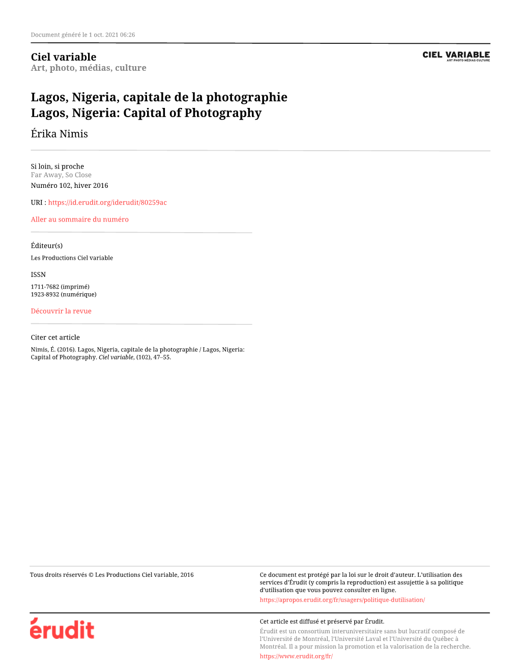 Lagos, Nigeria, Capitale De La Photographie / Lagos, Nigeria: Capital of Photography