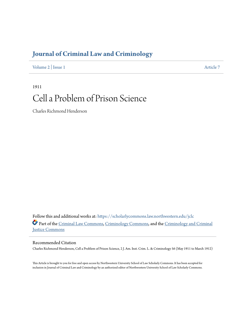 Cell a Problem of Prison Science Charles Richmond Henderson