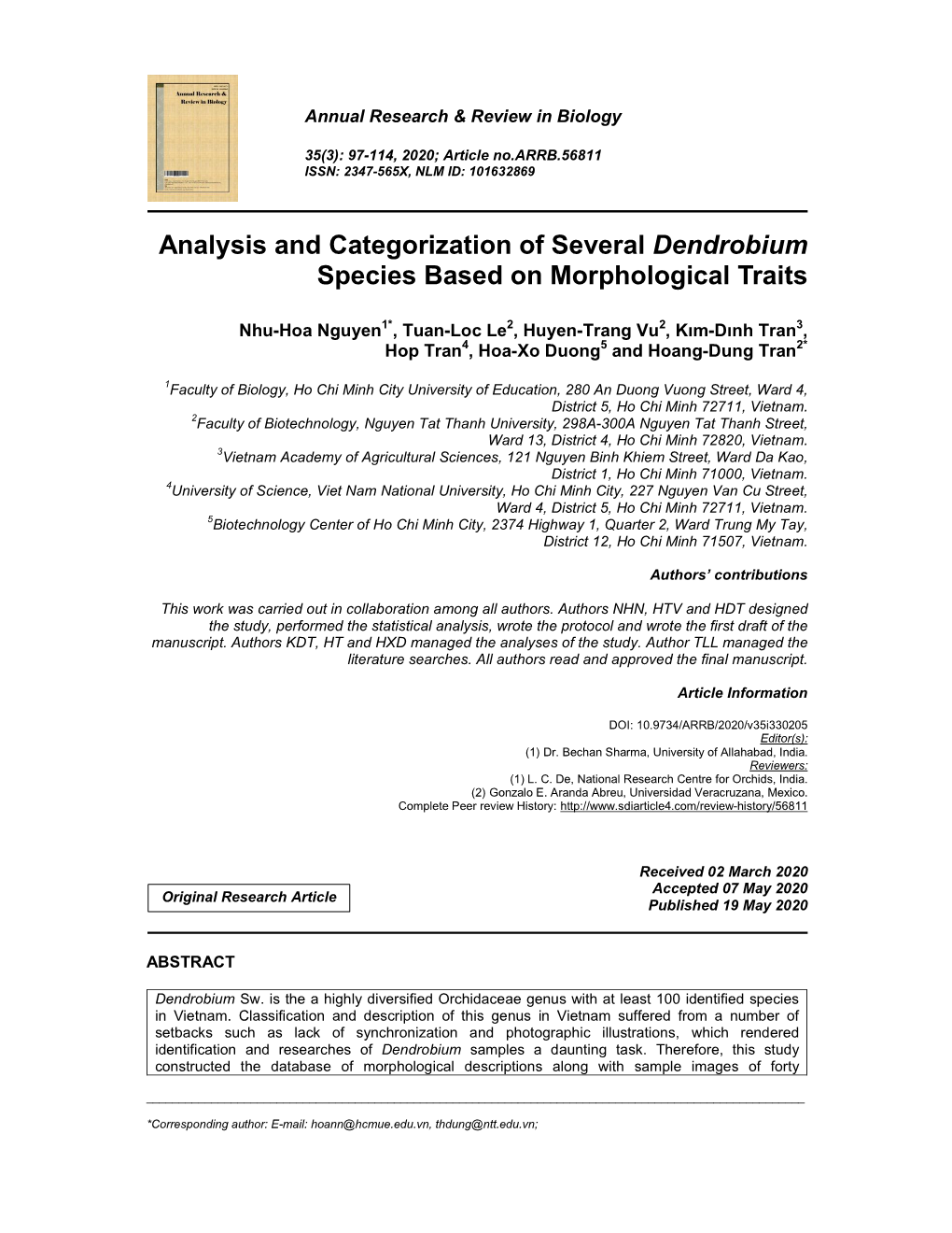 Analysis and Categorization of Several Dendrobium Species Based on Morphological Traits