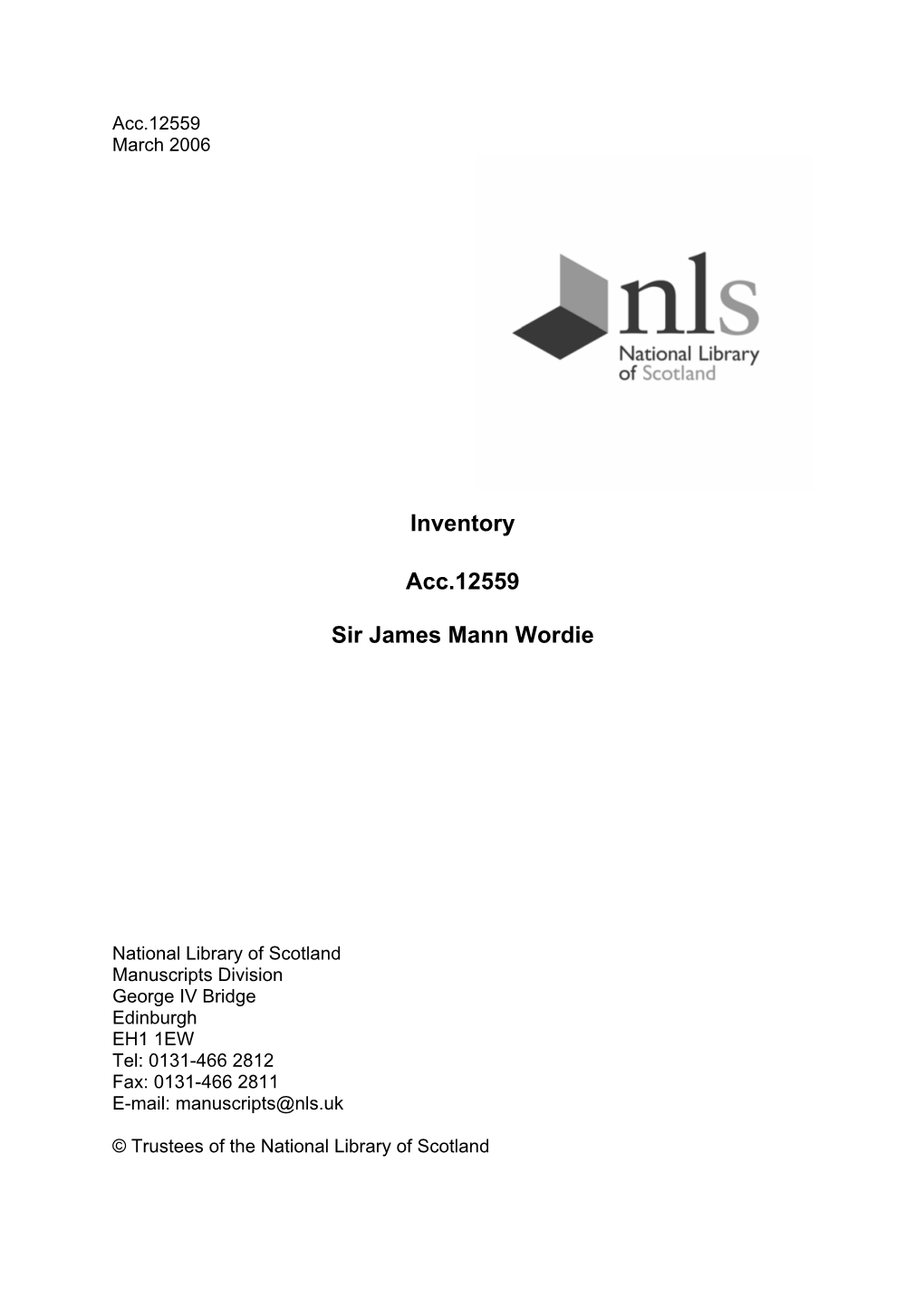 Inventory Acc.12559 Sir James Mann Wordie