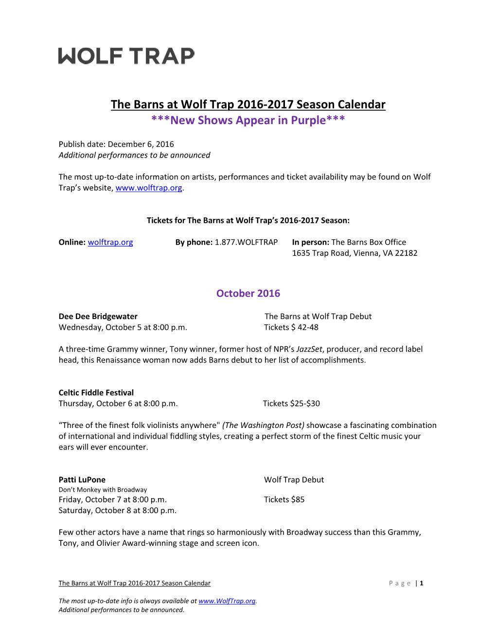 The Barns at Wolf Trap 2016-2017 Season Calendar ***New Shows Appear in Purple***