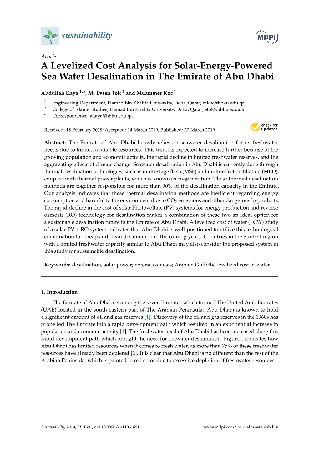 A Levelized Cost Analysis for Solar-Energy-Powered Sea Water Desalination in the Emirate of Abu Dhabi