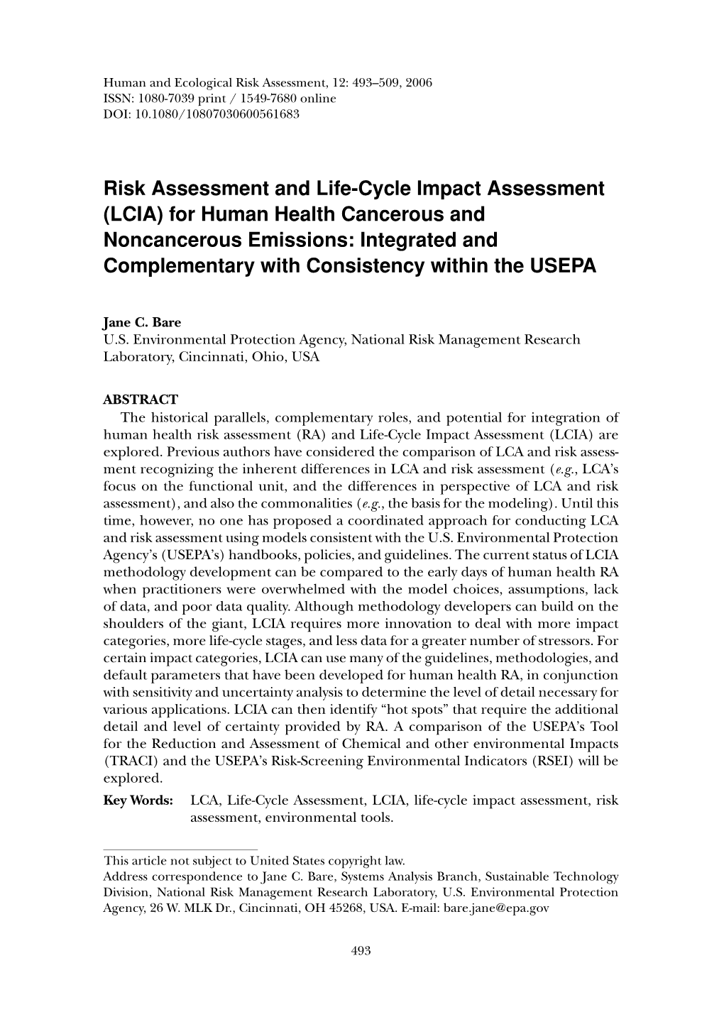 Risk Assessment and Life-Cycle Impact Assessment (LCIA)