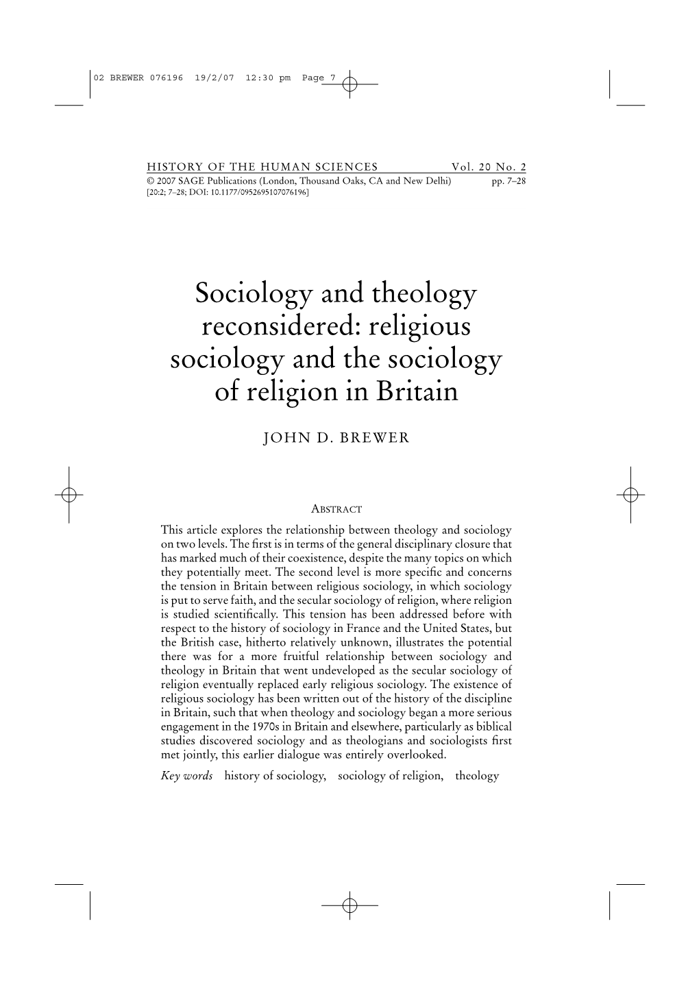 Sociology and Theology Reconsidered: Religious Sociology and the Sociology of Religion in Britain