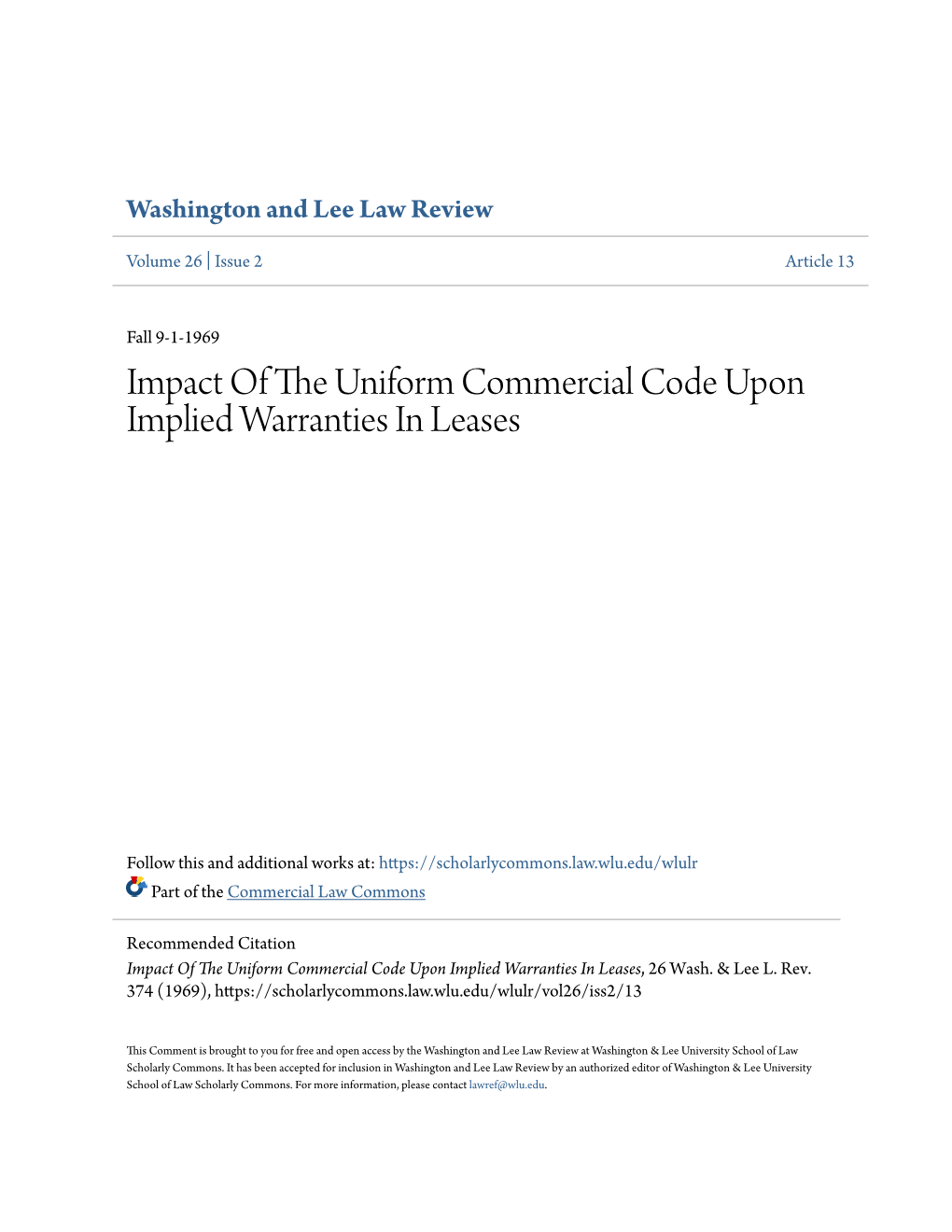 Impact of the Uniform Commercial Code Upon Implied Warranties in Leases, 26 Wash