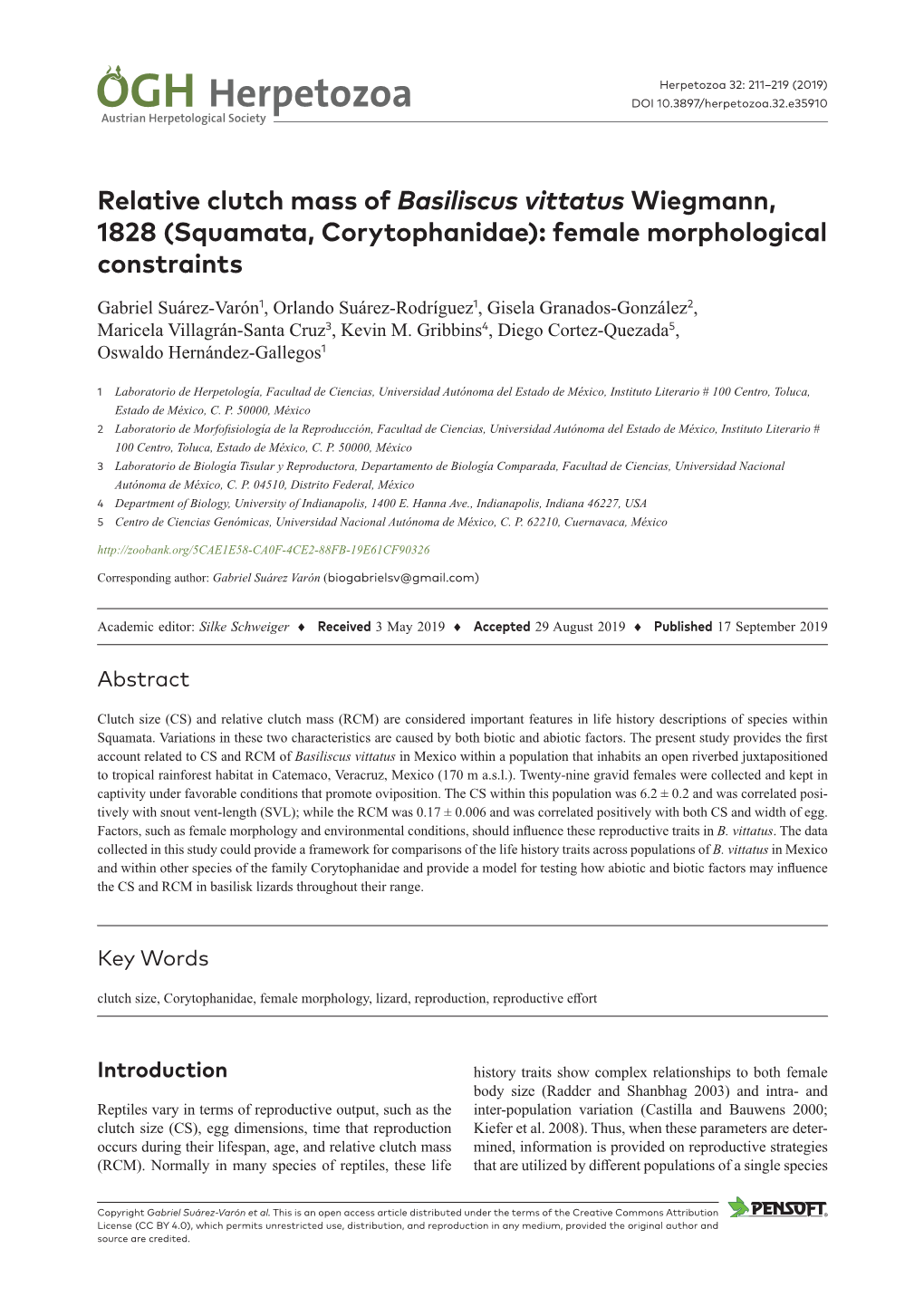 Relative Clutch Mass of Basiliscus Vittatus Wiegmann, 1828 (Squamata, Corytophanidae): Female Morphological Constraints