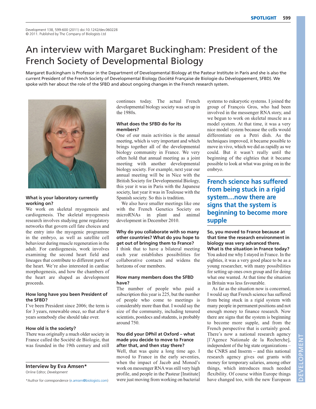 An Interview with Margaret Buckingham: President of the French Society of Developmental Biology