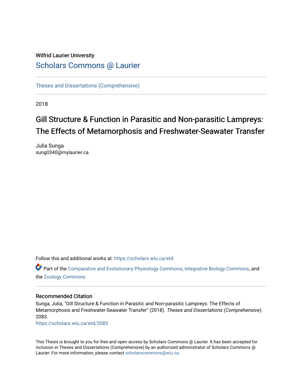 Gill Structure & Function in Parasitic and Non-Parasitic Lampreys