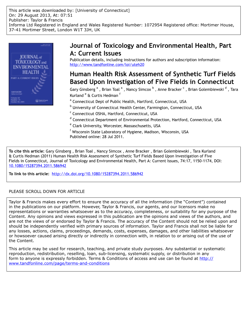 Human Health Risk Assessment of Synthetic Turf Fields Based Upon