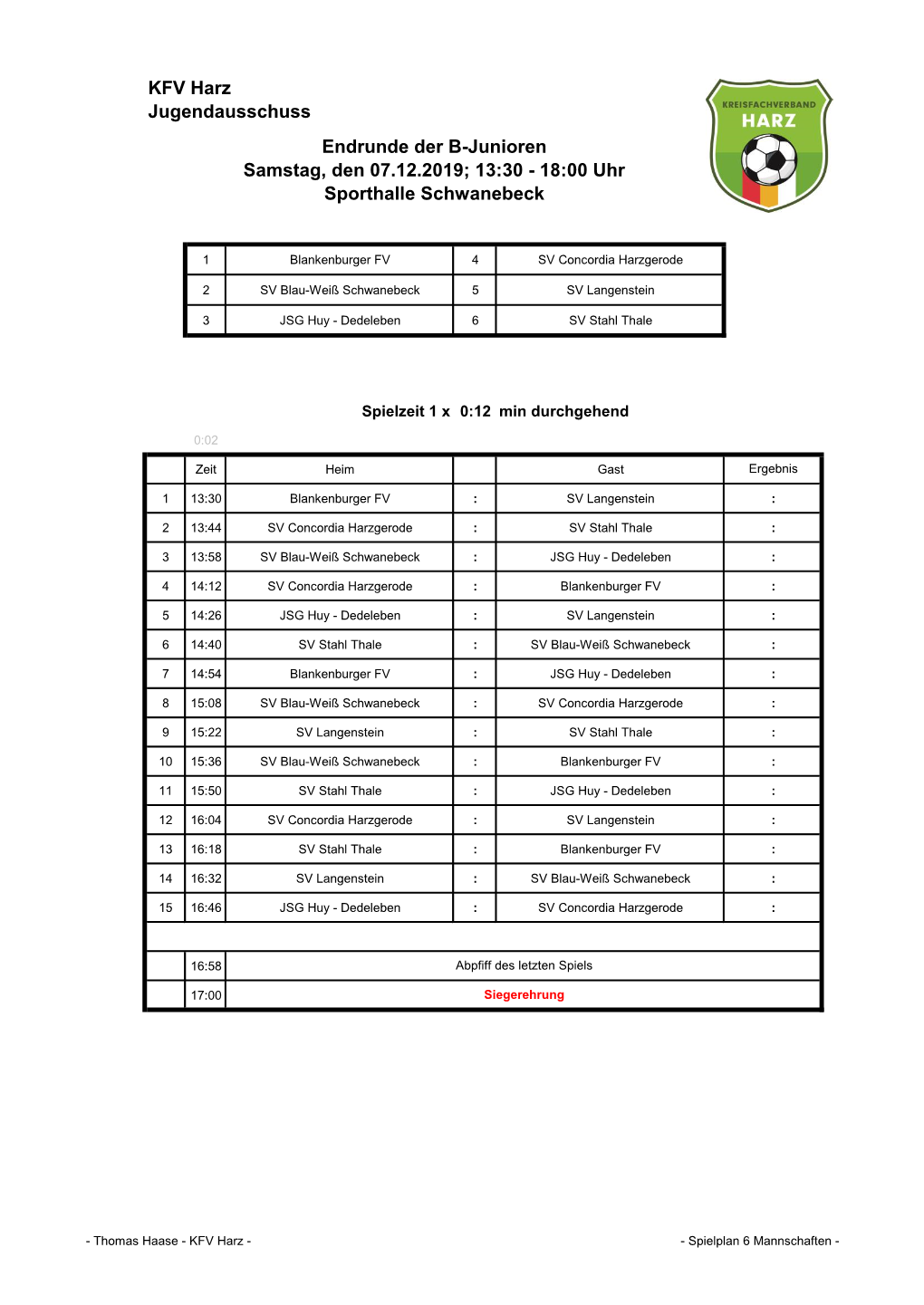 KFV Harz Jugendausschuss Endrunde Der B-Junioren Samstag, Den 07.12.2019; 13:30 - 18:00 Uhr Sporthalle Schwanebeck