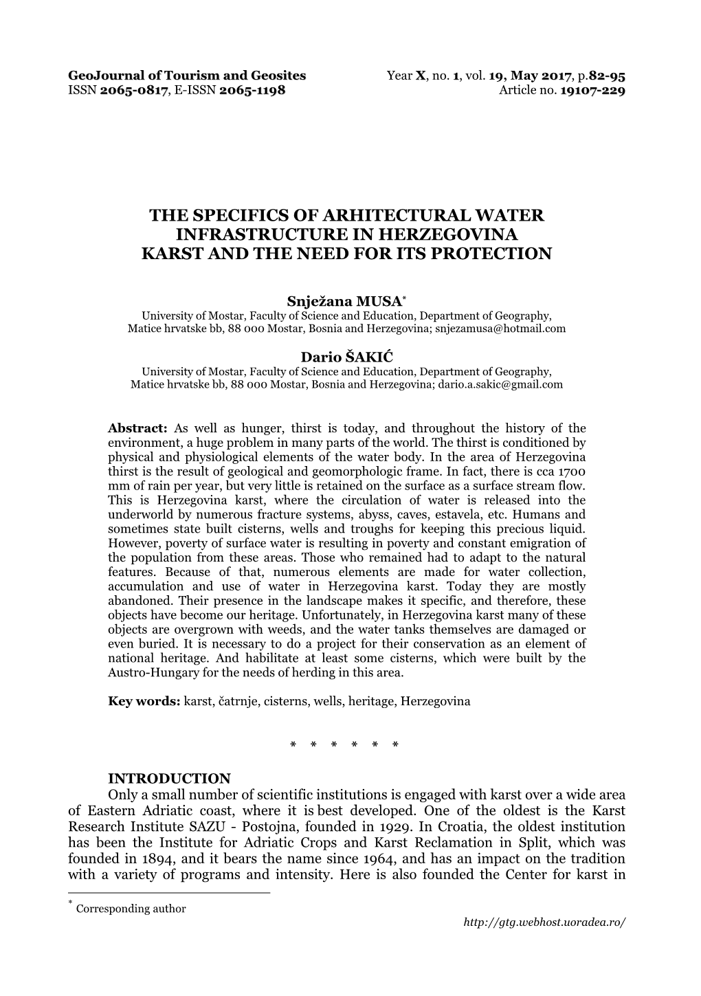The Specifics of Arhitectural Water Infrastructure in Herzegovina Karst and the Need for Its Protection