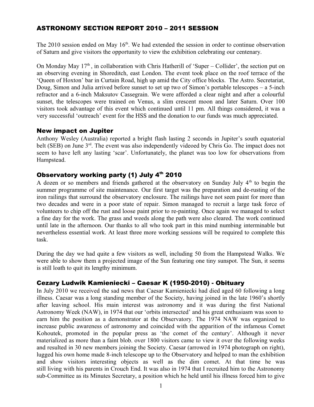 Astronomy Section Report 2010 – 2011 Session