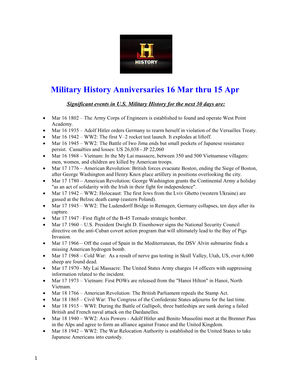 Significant Events in U.S. Military History for the Next 30 Days Are s1