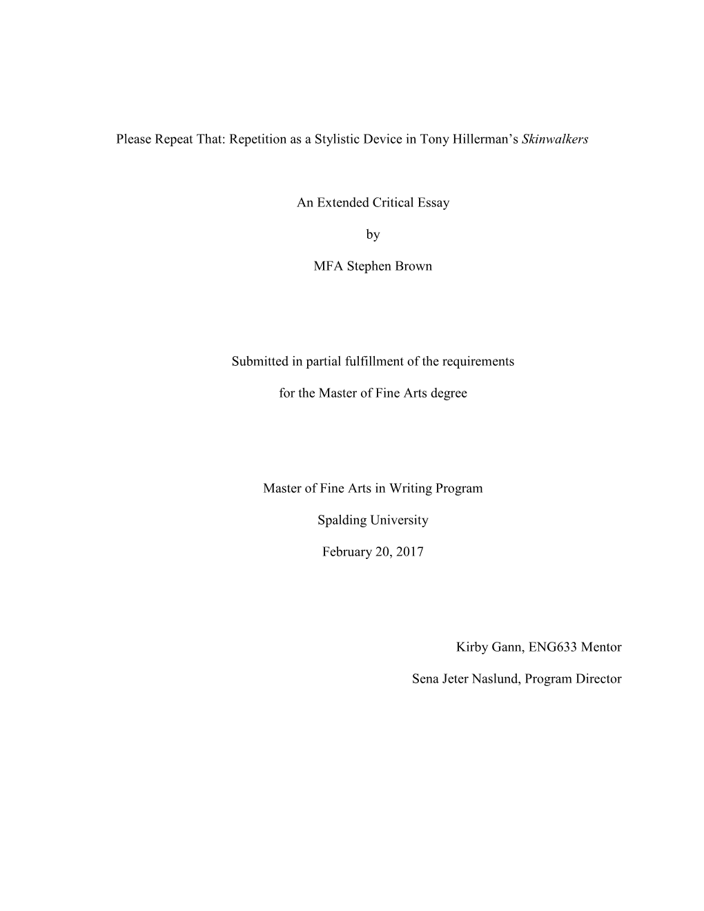 Please Repeat That: Repetition As a Stylistic Device in Tony Hillerman's