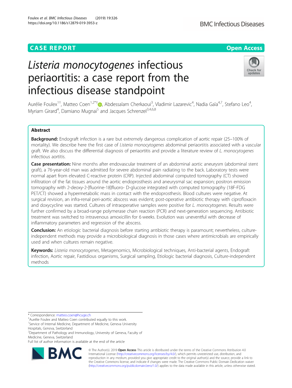 Listeria Monocytogenes Infectious Periaortitis: a Case Report from The