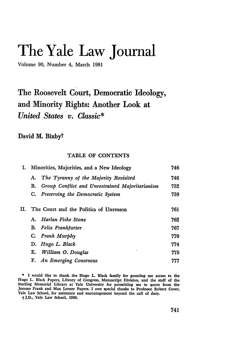 The Roosevelt Court, Democratic Ideology, and Minority Rights: Another Look at United States V