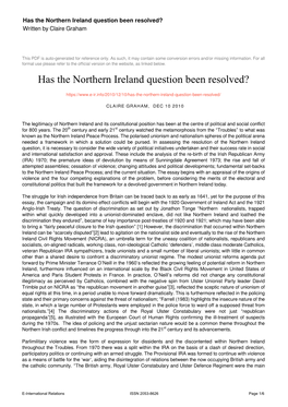 Has the Northern Ireland Question Been Resolved? Written by Claire Graham