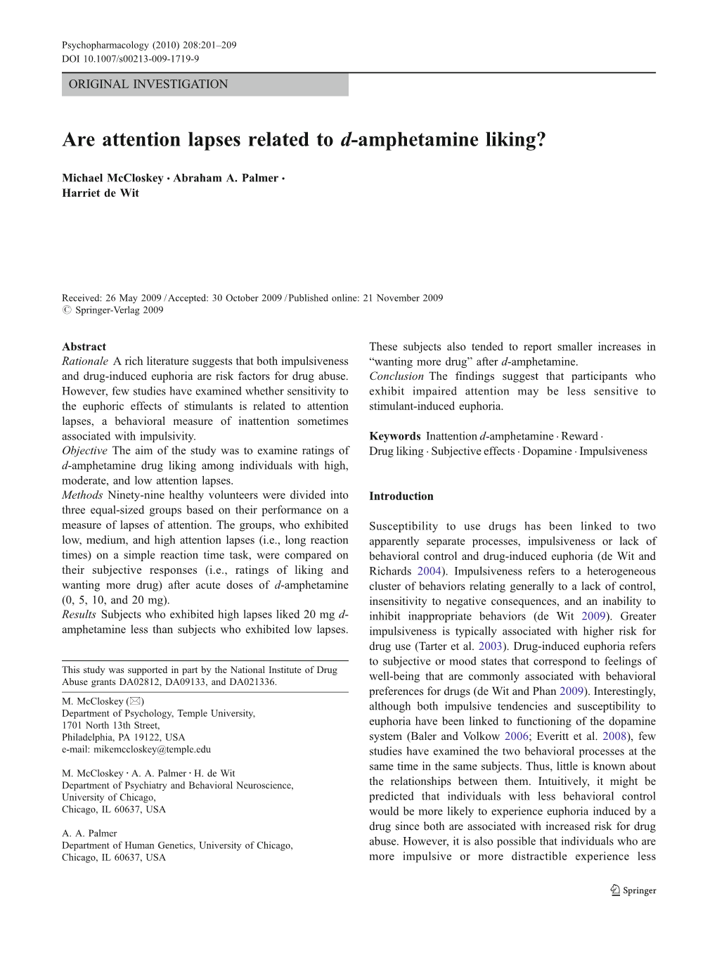 Are Attention Lapses Related to D-Amphetamine Liking?