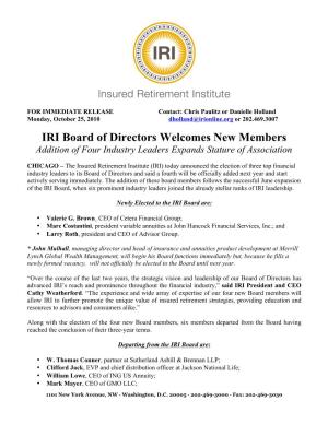 IRI Board of Directors Welcomes New Members Addition of Four Industry Leaders Expands Stature of Association
