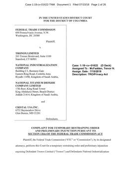 Tronox Limited, Et Al., FTC V.: Complaint for Temporary