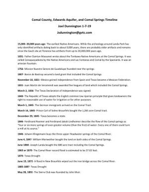 Comal County, Edwards Aquifer, and Comal Springs Timeline Joel Dunnington 1-7-19 Jsdunnington@Gvtc.Com