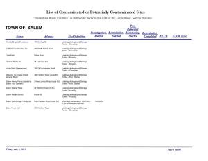 List of Contaminated Or Potentially Contaminated Sites “Hazardous Waste Facilities” As Defined by Section 22A-134F of the Connecticut General Statutes