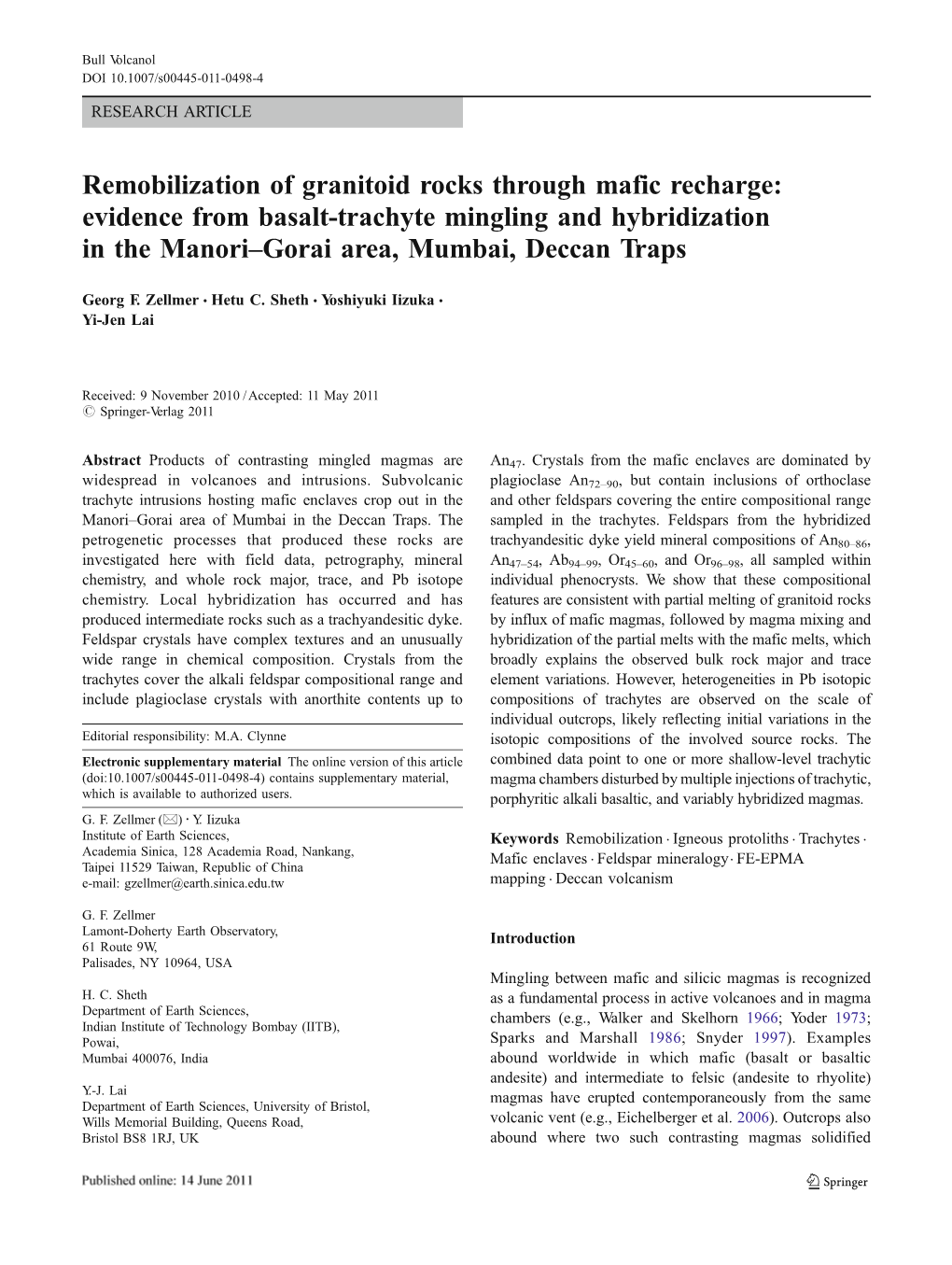 Remobilization of Granitoid Rocks Through Mafic Recharge: Evidence from Basalt-Trachyte Mingling and Hybridization in the Manori–Gorai Area, Mumbai, Deccan Traps