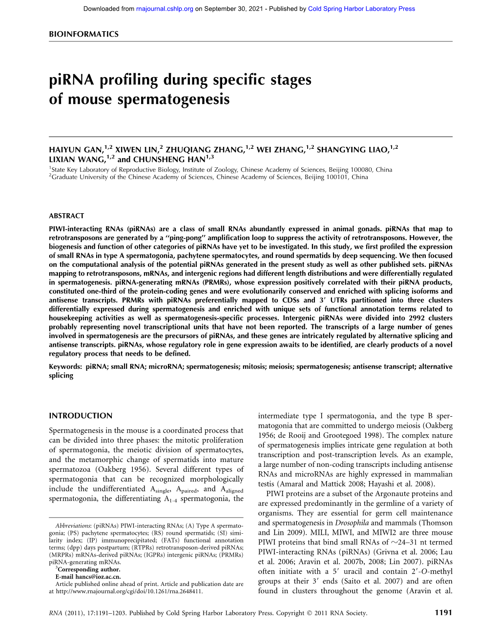 Pirna Profiling During Specific Stages of Mouse Spermatogenesis