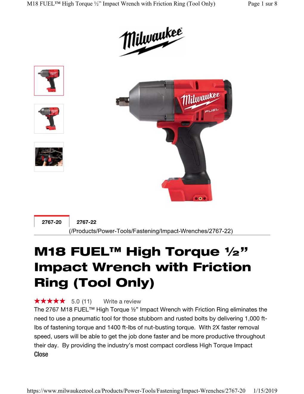 M18 FUEL™ High Torque ½” Impact Wrench with Friction Ring (Tool Only) Page 1 Sur 8