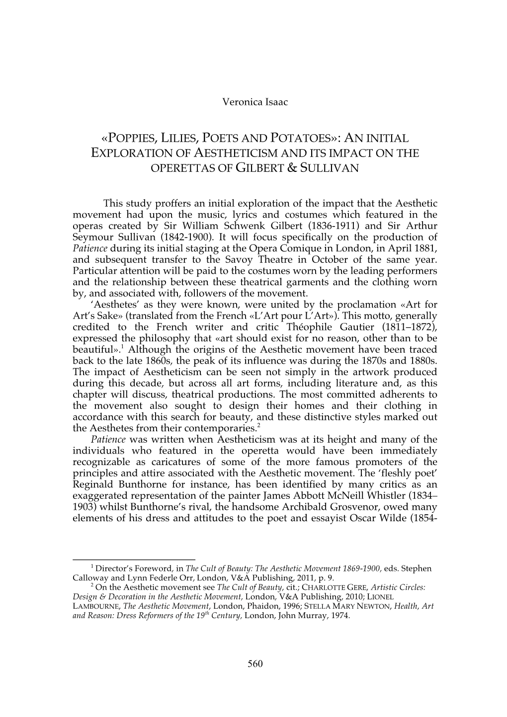 An Initial Exploration of Aestheticism and Its Impact on the Operettas of Gilbert & Sullivan