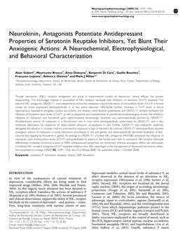 Neurokinin1 Antagonists Potentiate Antidepressant Properties Of