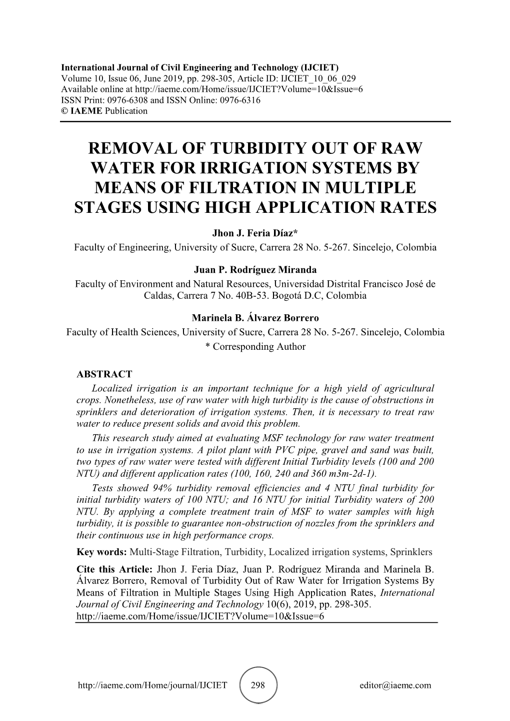 Removal of Turbidity out of Raw Water for Irrigation Systems by Means of Filtration in Multiple Stages Using High Application Rates