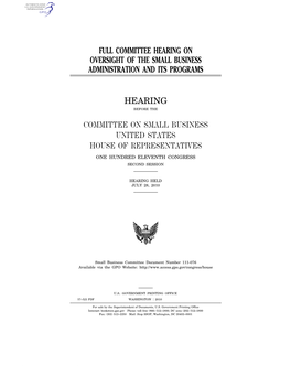 Full Committee Hearing on Oversight of the Small Business Administration and Its Programs