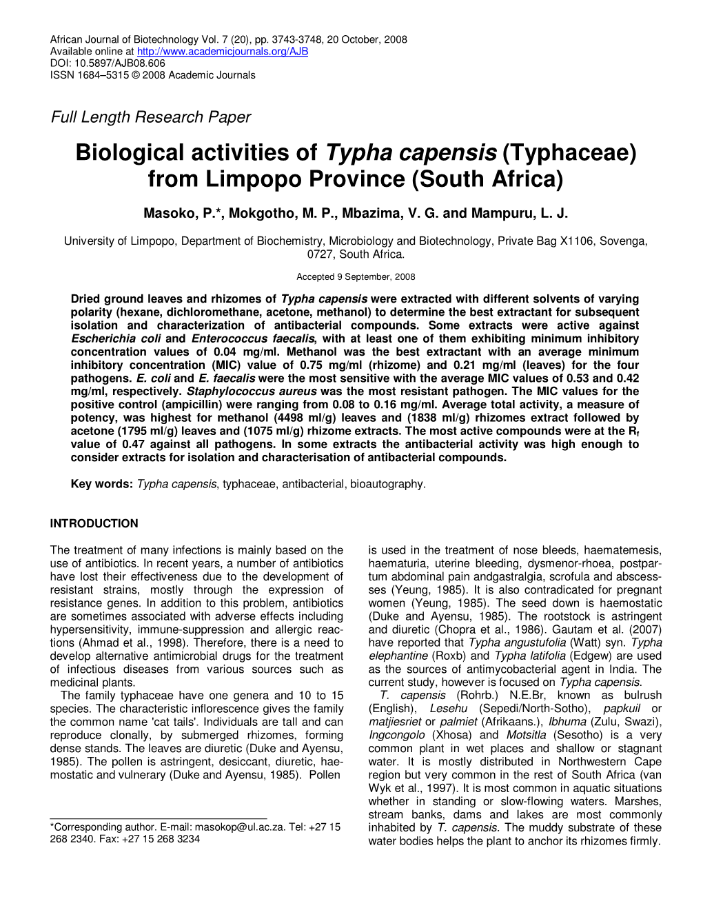 Biological Activities of Typha Capensis (Typhaceae) from Limpopo Province (South Africa)