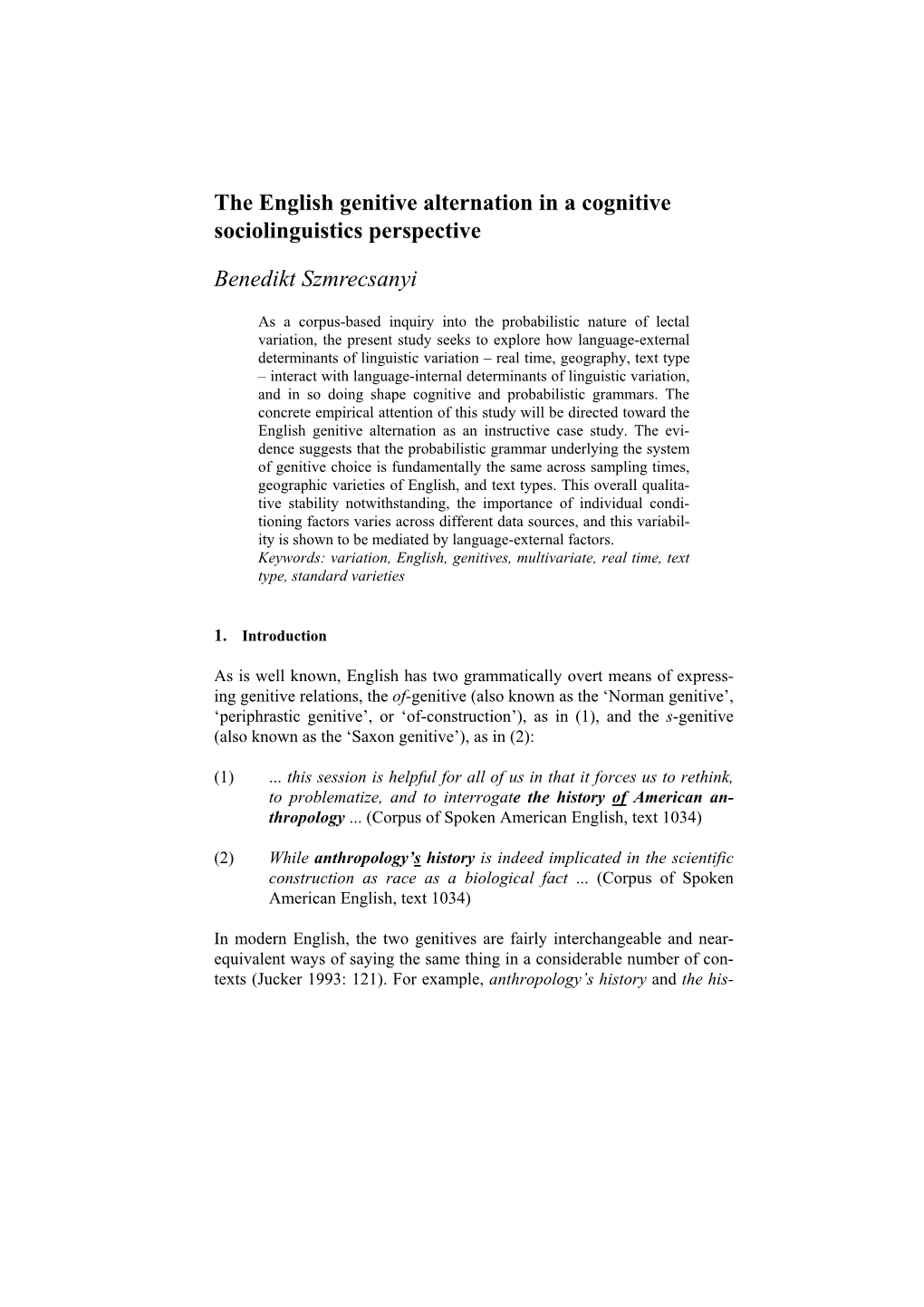 The English Genitive Alternation in a Cognitive Sociolinguistics Perspective