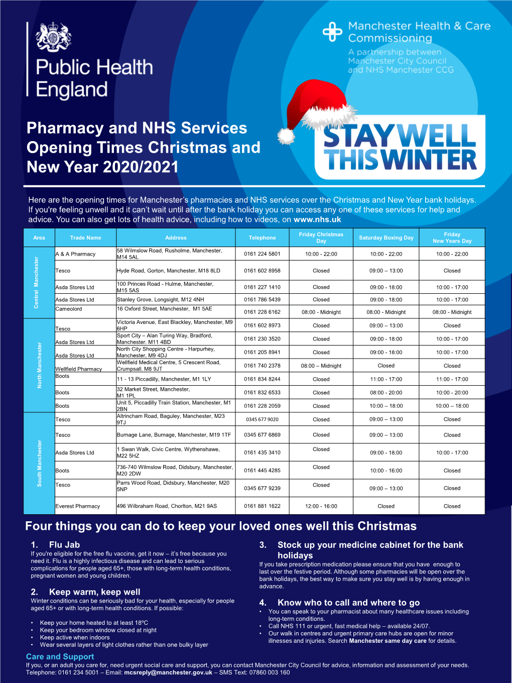 Pharmacy and NHS Services Opening Times Christmas and New Year 2020/2021