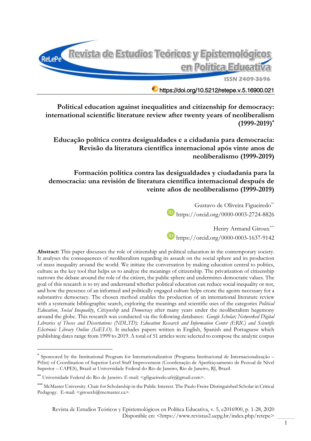 Political Education Against Inequalities and Citizenship for Democracy: International Scientific Literature Review After Twenty Years of Neoliberalism (1999-2019)*