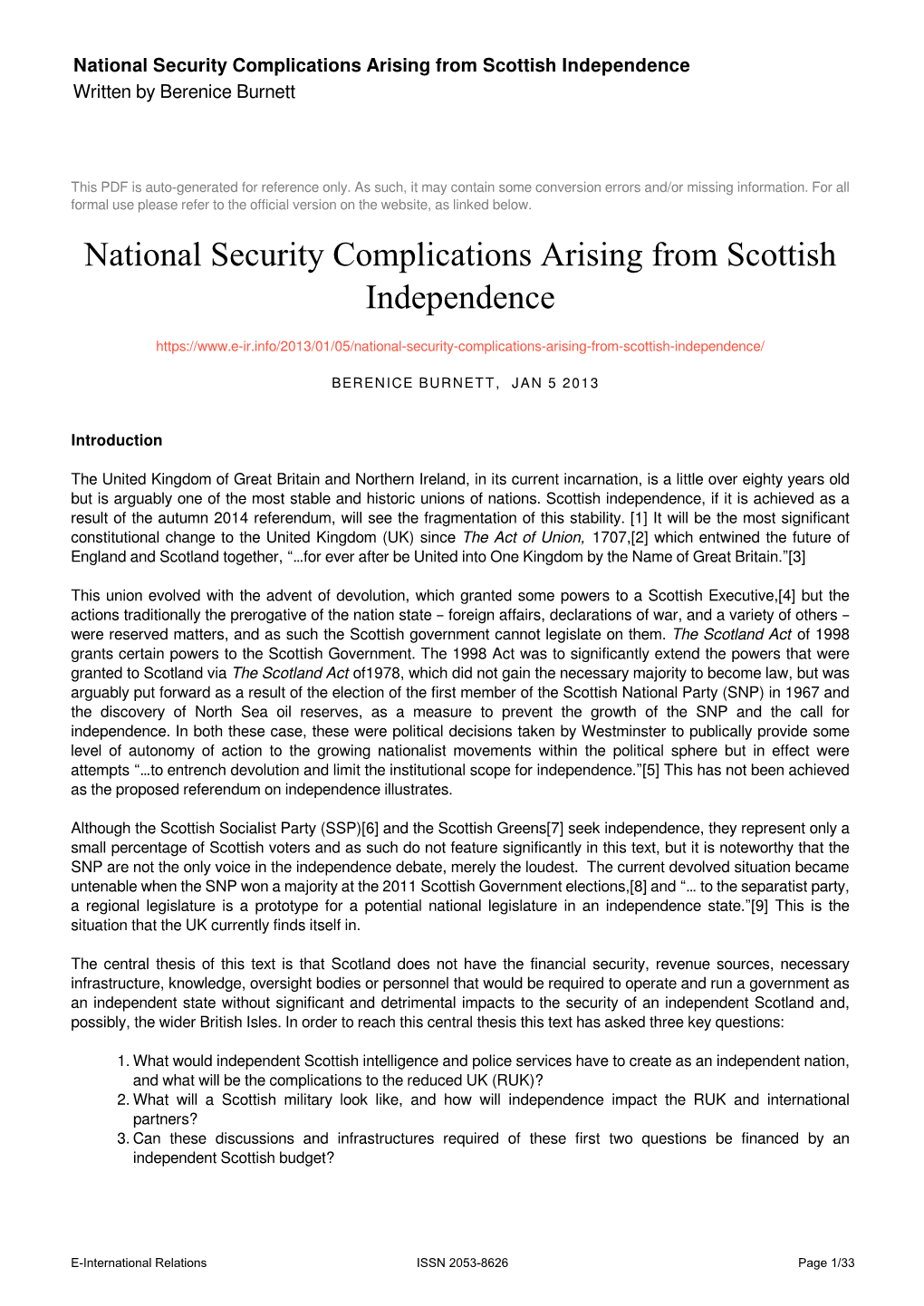 National Security Complications Arising from Scottish Independence Written by Berenice Burnett