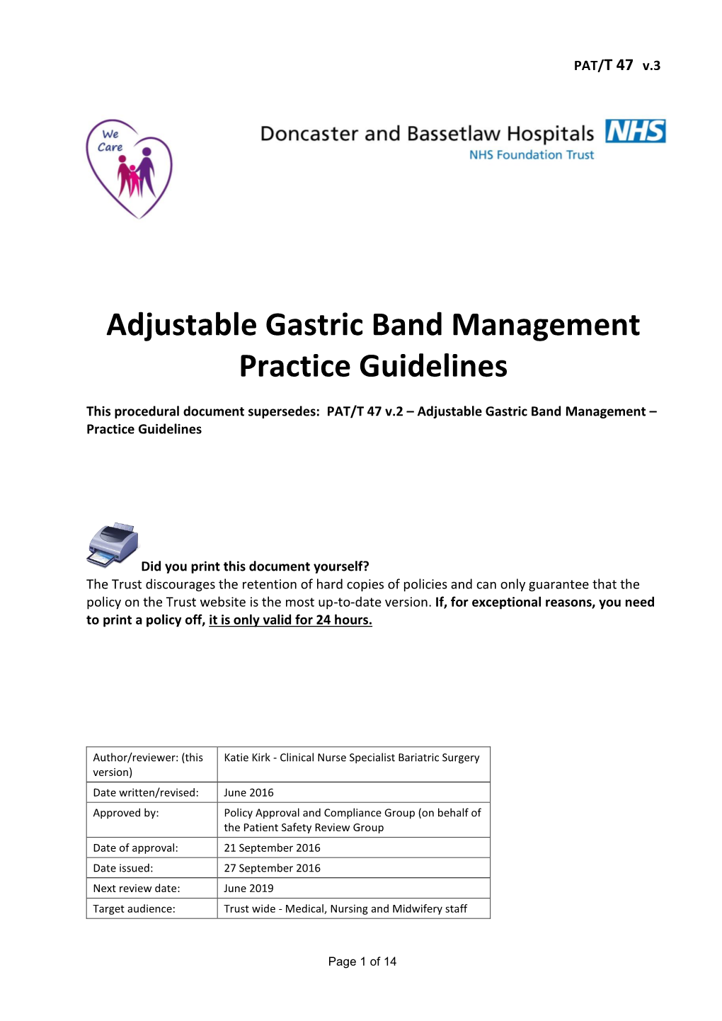 Adjustable Gastric Band Management Practice Guidelines
