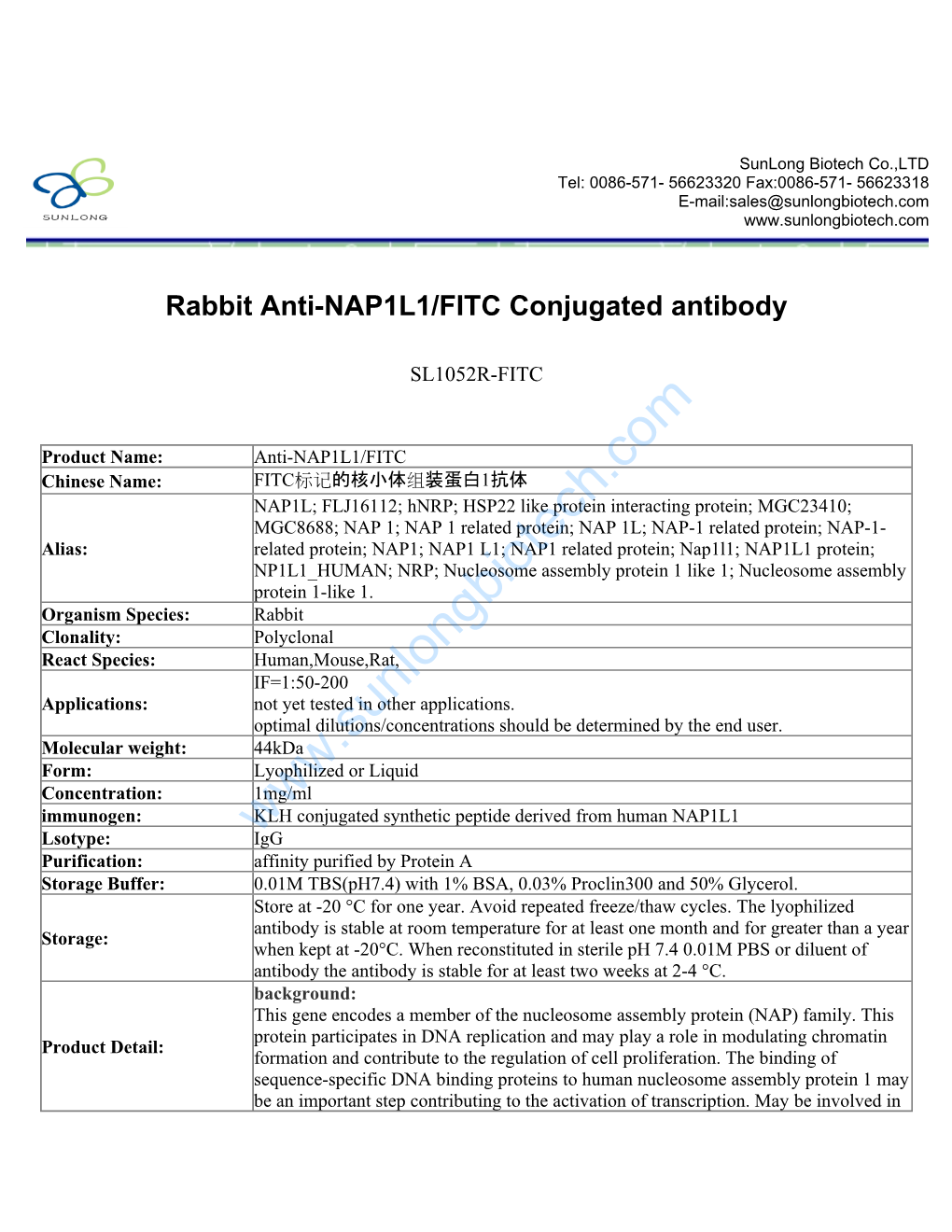 Rabbit Anti-NAP1L1/FITC Conjugated Antibody-SL1052R-FITC