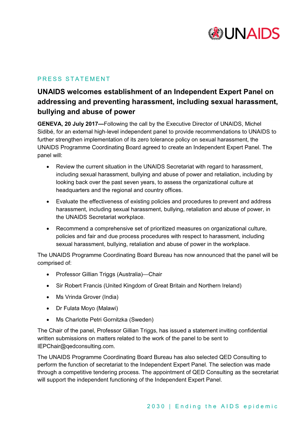 UNAIDS Welcomes Establishment of an Independent Expert Panel On