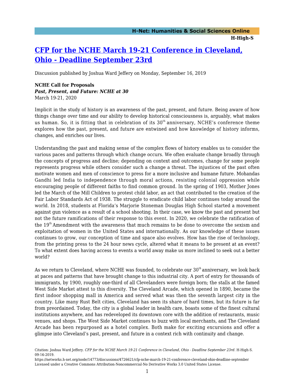 CFP for the NCHE March 19-21 Conference in Cleveland, Ohio - Deadline September 23Rd