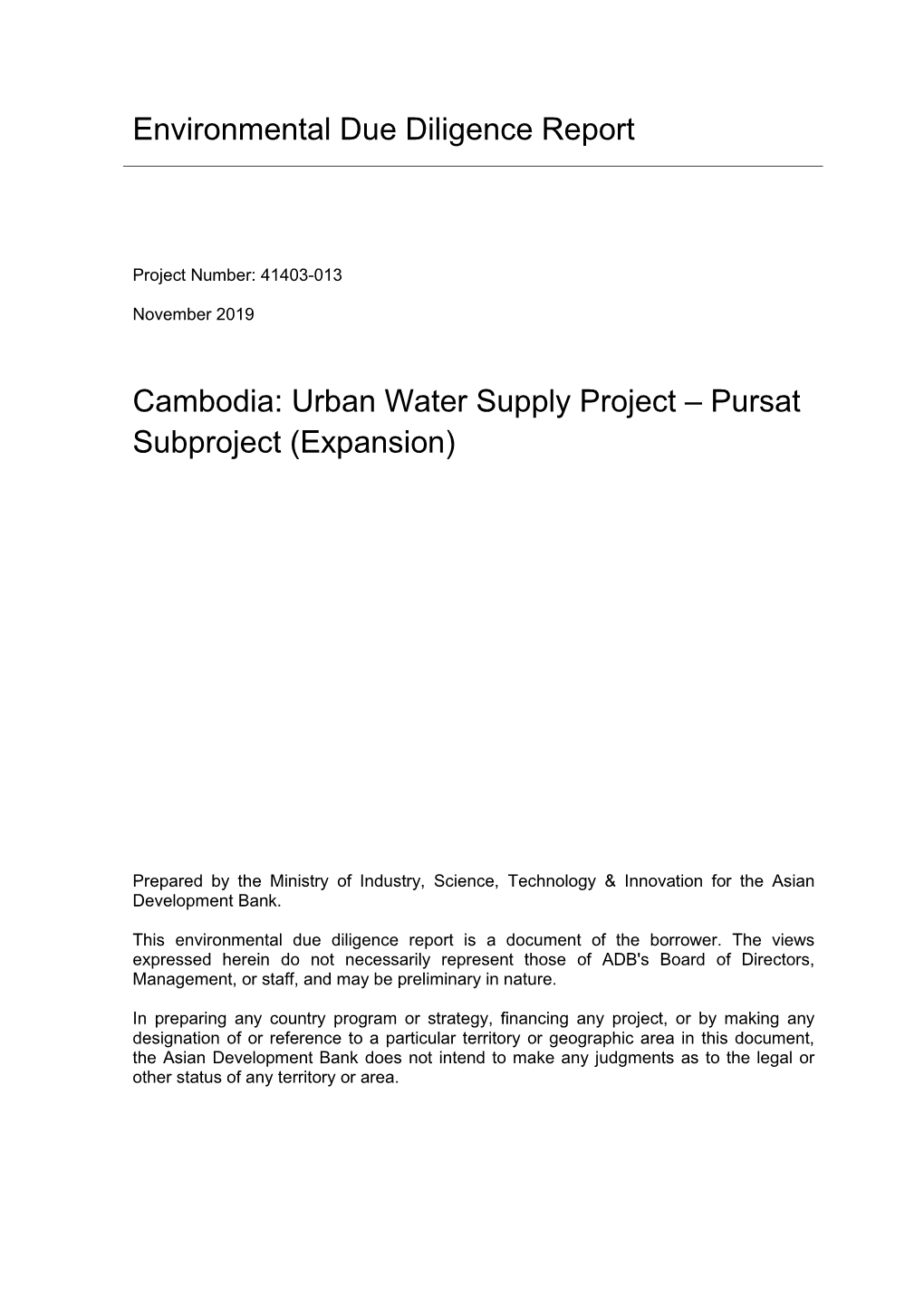 Urban Water Supply Project: Pursat Subproject (Expansion
