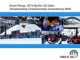 2014 Burton US Open Snowboarding Championships Presented by MINI Burton US Open Snowboarding Championships: Monday, Mar 3 – Saturday, Mar 8, 2014