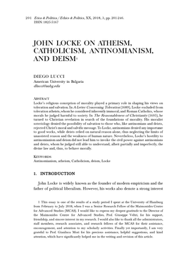 John Locke on Atheism, Catholicism, Antinomianism, and Deism1