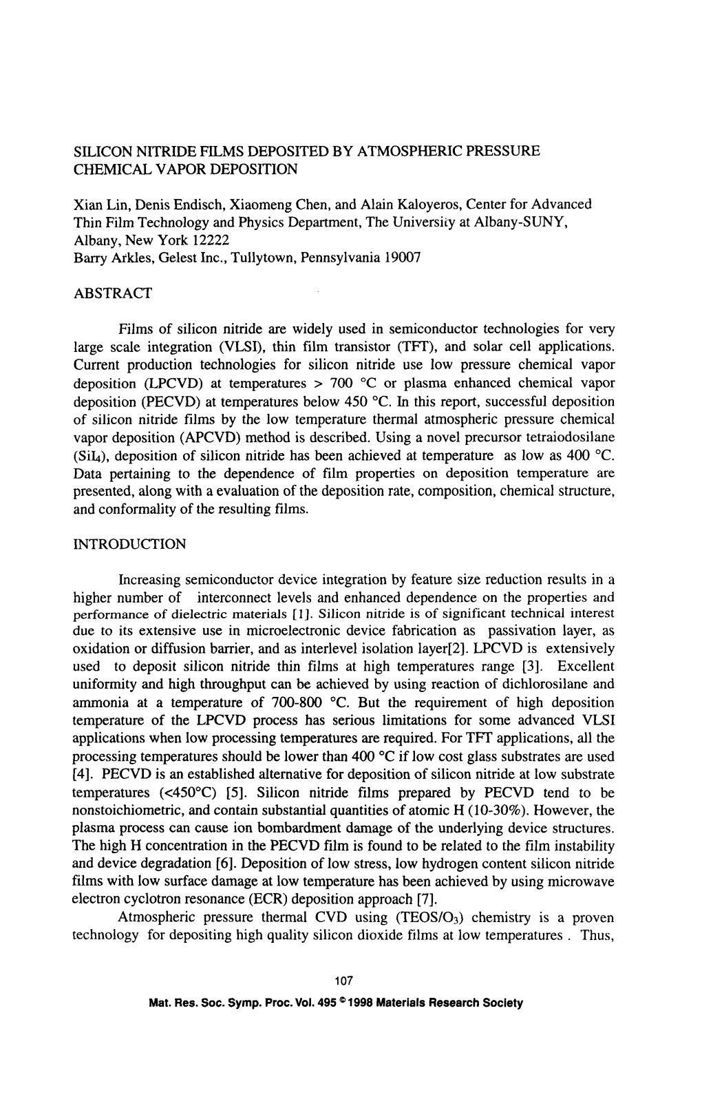 Silicon Nitride Films Deposited by Atmospheric Pressure Chemical Vapor Deposition