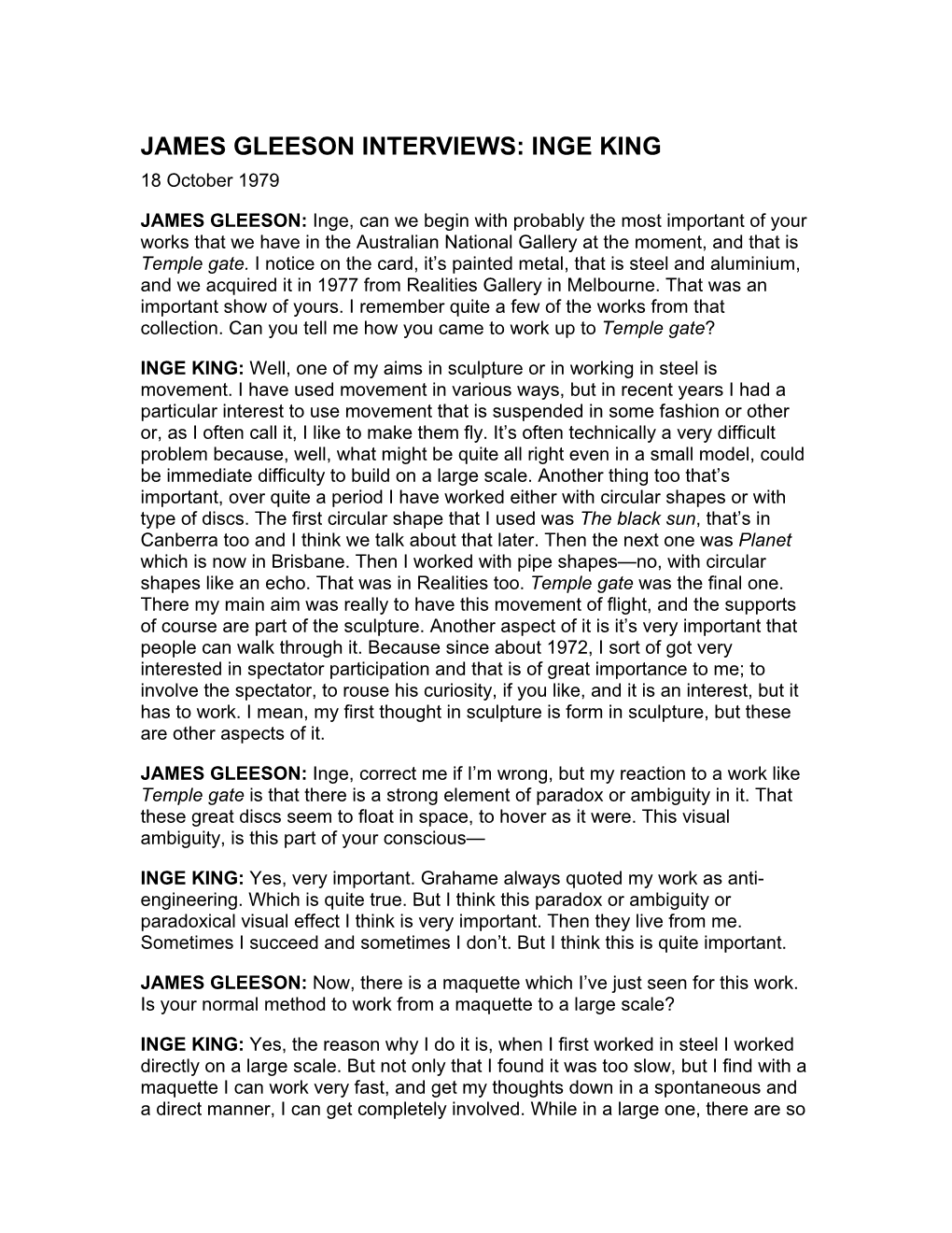 JAMES GLEESON INTERVIEWS: INGE KING 18 October 1979